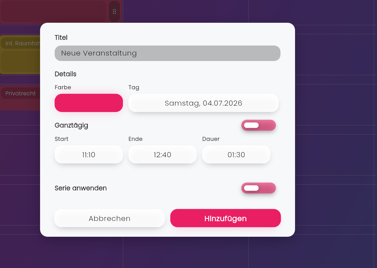 StudyPlanner Dialog zum Erstellen einer Veranstaltung im Kalender