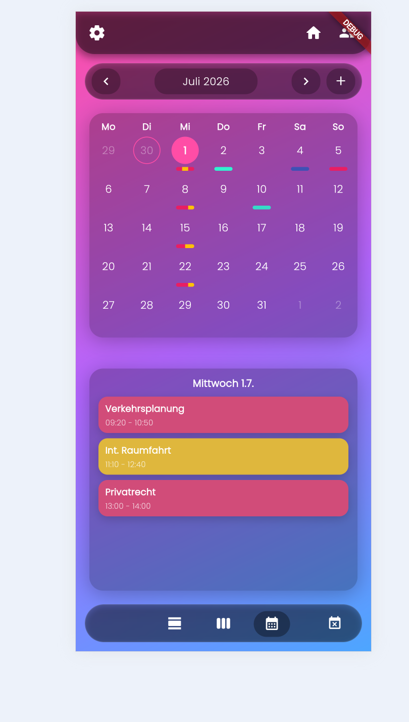 StudyPlanner mobile Monatsansicht mit Kalenderüberblick