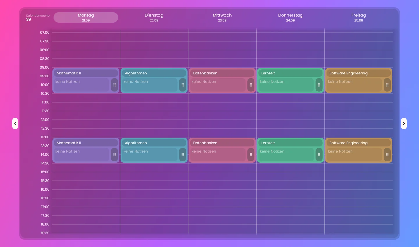 StudyPlanner mit Wochenstundenplan und farbigen Vorlesungs- und Kalenderterminen